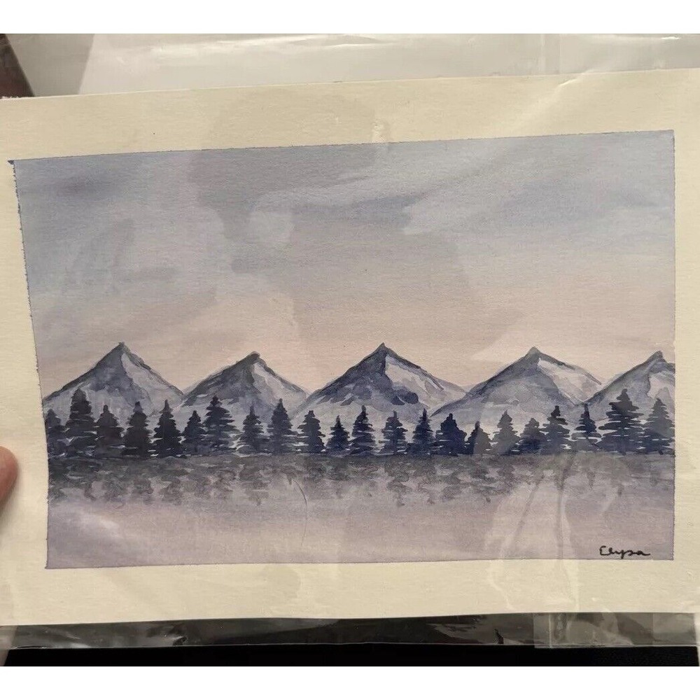 Mountain Range & Line Of Trees, Watercolor Original, Minimalistic-Signed 8.5x5.5